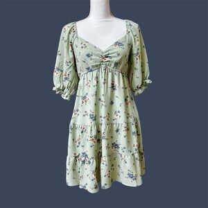 Sage Green Floral Dress 3/4 Balloon Sleeves Open Back NWT